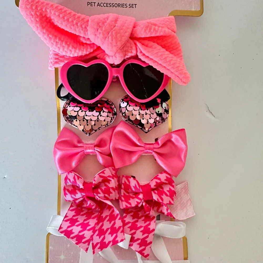 Paris Hilton Pet Shop Dog Accessory Set‎ 10pc Pink New Bows Sunglasses Headband